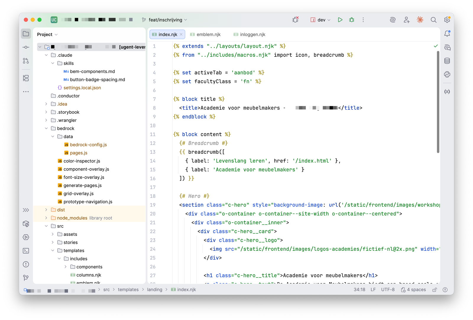 A Nunjucks template open in a JetBrains IDE with the Obra Nunjucks plugin: syntax highlighting on {% extends %}, {% from %}, {% set %}, and {% block %} tags.